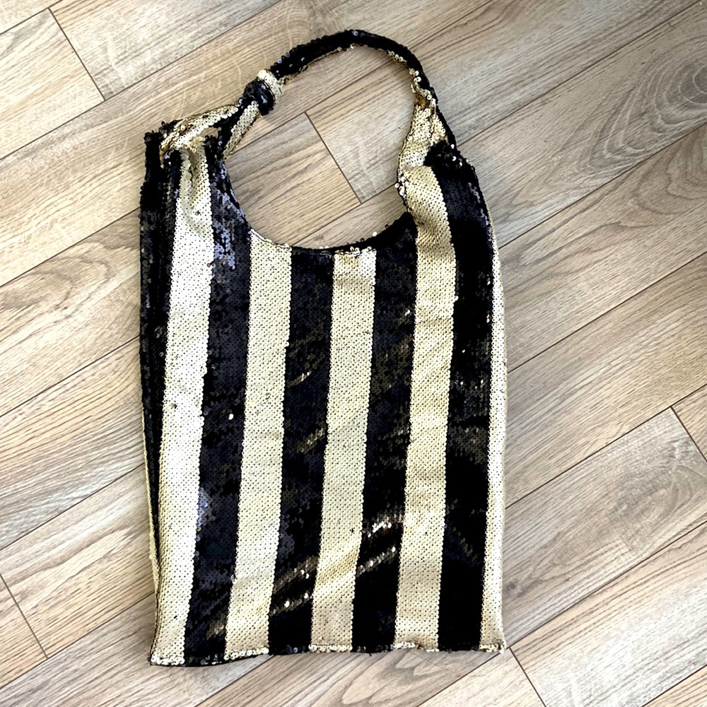 ASOS black and white stripe sequin tote handbag
